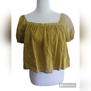 B2G1 FREE! Green Puff Sleeve Floral Embroidered Short Sleeve Cottagecore Top